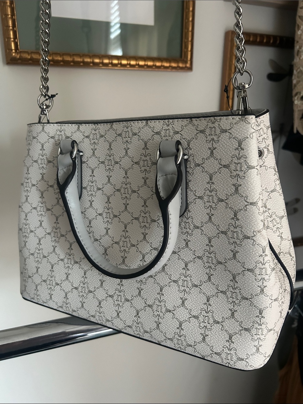 Nanette Lepore White Monogram purse Bag with Silver Accents